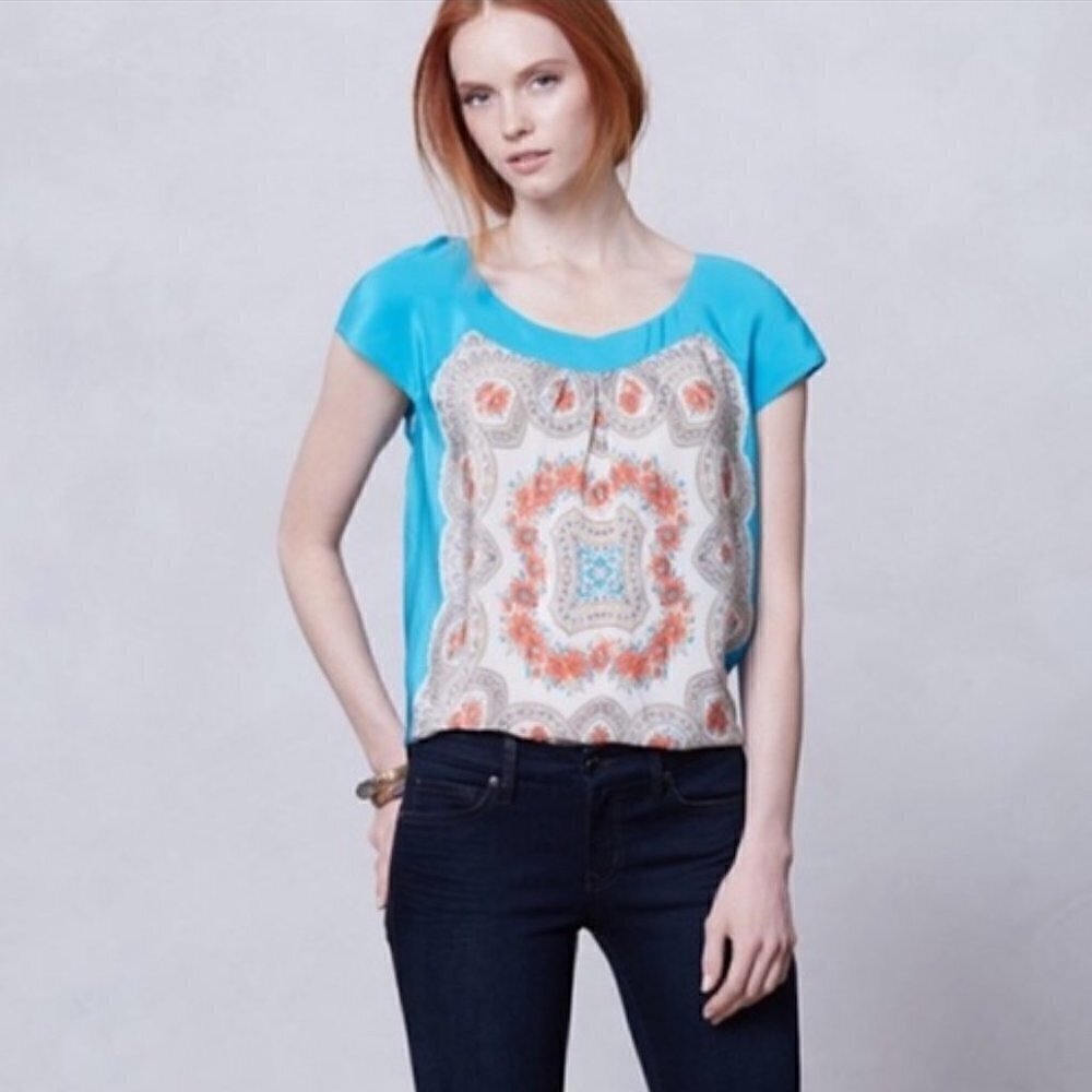 Anthropologie Moulinette Soeurs Blue Fonte Silk Short‎ Sleeve Top XS